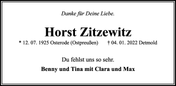 Anzeige  Horst Zitzewitz  Lippische Landes-Zeitung