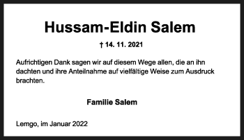 Anzeige  Hussam-Eldin Salem  Lippische Landes-Zeitung