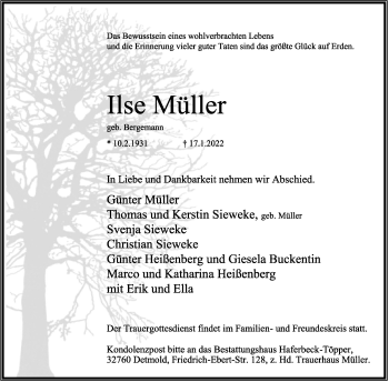 Anzeige  Ilse Müller  Lippische Landes-Zeitung