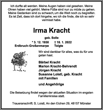 Anzeige  Irma Kracht  Lippische Landes-Zeitung