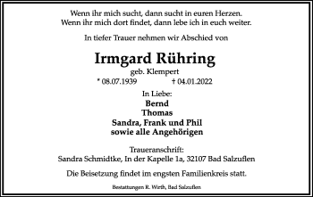 Anzeige  Irmgard Rühring  Lippische Landes-Zeitung