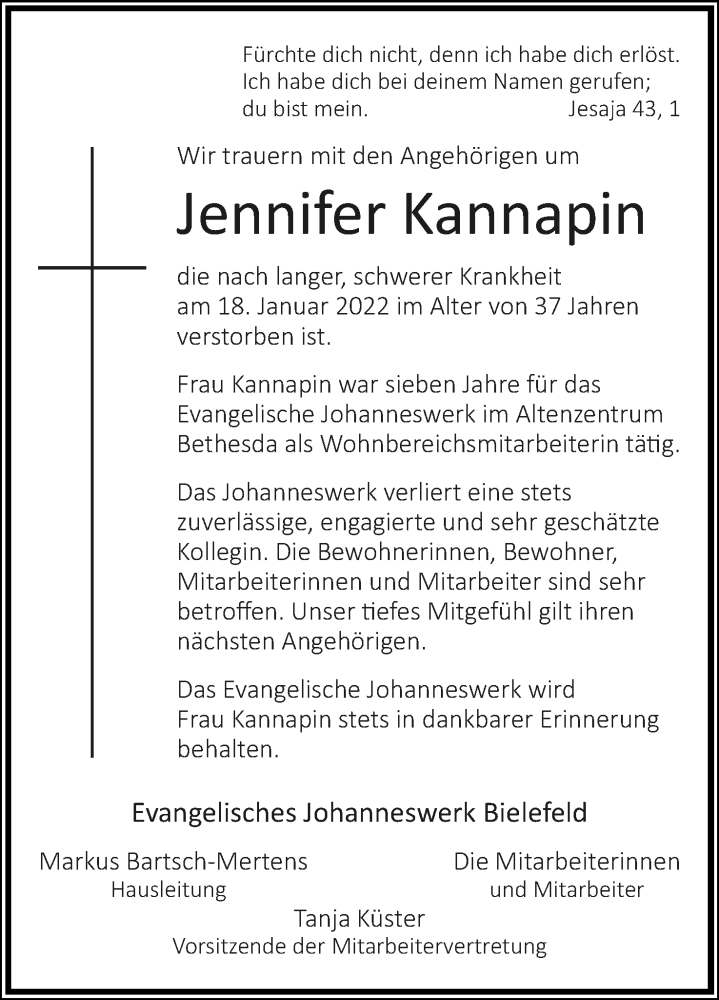  Traueranzeige für Jennifer Kannapin vom 22.01.2022 aus Lippische Landes-Zeitung