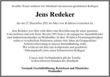 Anzeige  Jens Redeker  Lippische Landes-Zeitung