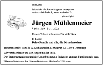 Anzeige  Jürgen Mühlenmeier  Lippische Landes-Zeitung