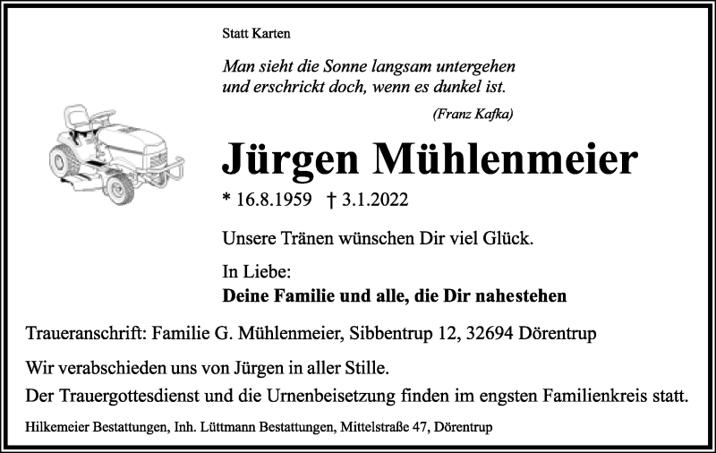  Traueranzeige für Jürgen Mühlenmeier vom 08.01.2022 aus Lippische Landes-Zeitung