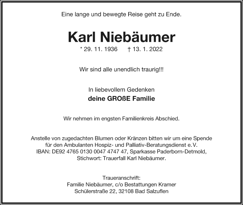  Traueranzeige für Karl Niebäumer vom 29.01.2022 aus Lippische Landes-Zeitung