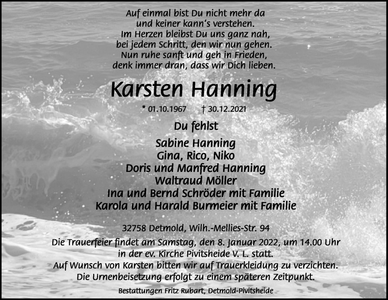  Traueranzeige für Karsten Hanning vom 05.01.2022 aus Lippische Landes-Zeitung