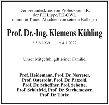 Anzeige  Klemens Kühling  Lippische Landes-Zeitung