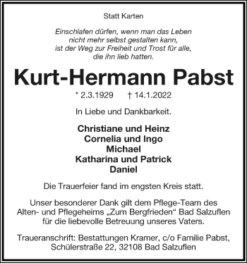 Anzeige  Kurt-Hermann Pabst  Lippische Landes-Zeitung