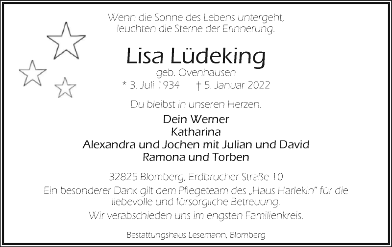  Traueranzeige für Lisa Lüdeking vom 08.01.2022 aus Lippische Landes-Zeitung