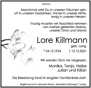 Anzeige  Lore Killmann  Lippische Landes-Zeitung