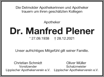 Anzeige  Manfred Plener  Lippische Landes-Zeitung