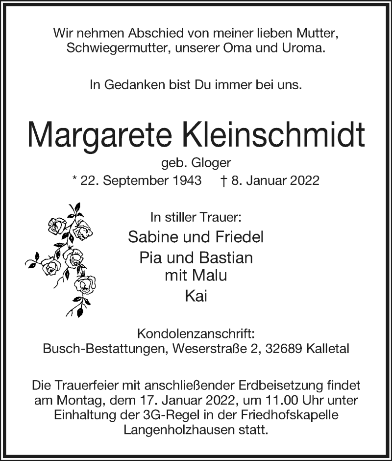  Traueranzeige für Margarete Kleinschmidt vom 14.01.2022 aus Lippische Landes-Zeitung
