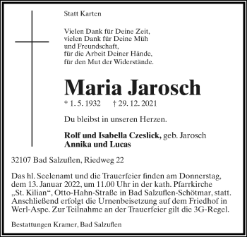 Anzeige  Maria Jarosch  Lippische Landes-Zeitung