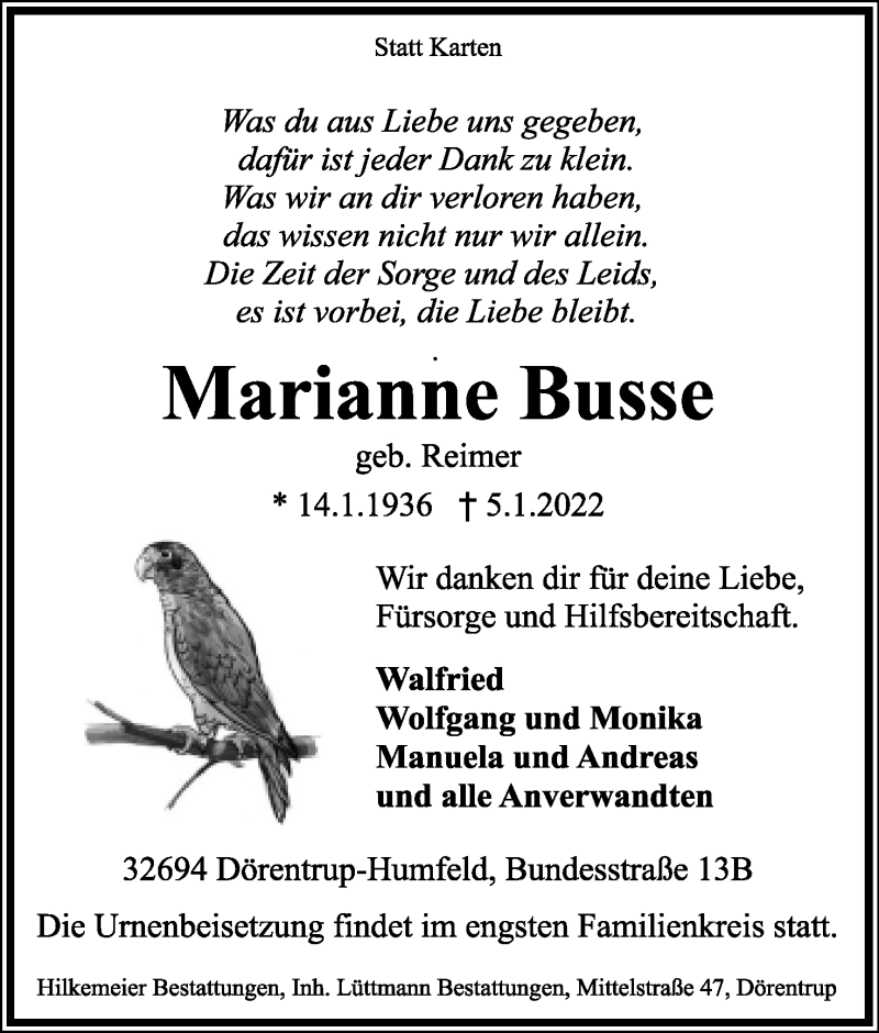  Traueranzeige für Marianne Busse vom 08.01.2022 aus Lippische Landes-Zeitung