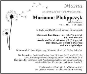 Anzeige  Marianne Philippczyk  Lippische Landes-Zeitung