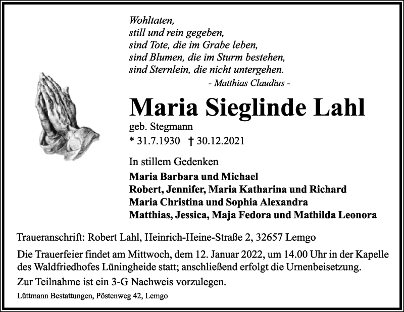  Traueranzeige für Maria Sieglinde Lahl vom 08.01.2022 aus Lippische Landes-Zeitung