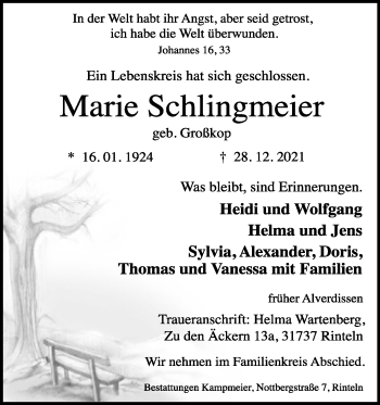 Anzeige  Marie Schlingmeier  Lippische Landes-Zeitung