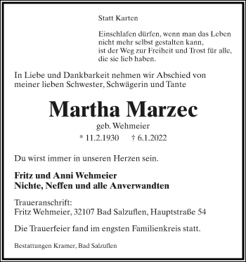 Anzeige  Martha Marzec  Lippische Landes-Zeitung