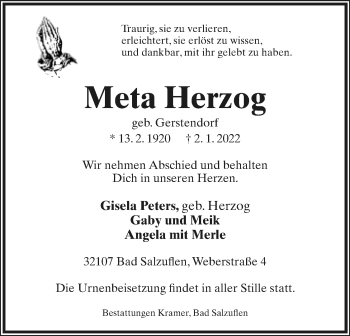 Anzeige  Meta Herzog  Lippische Landes-Zeitung