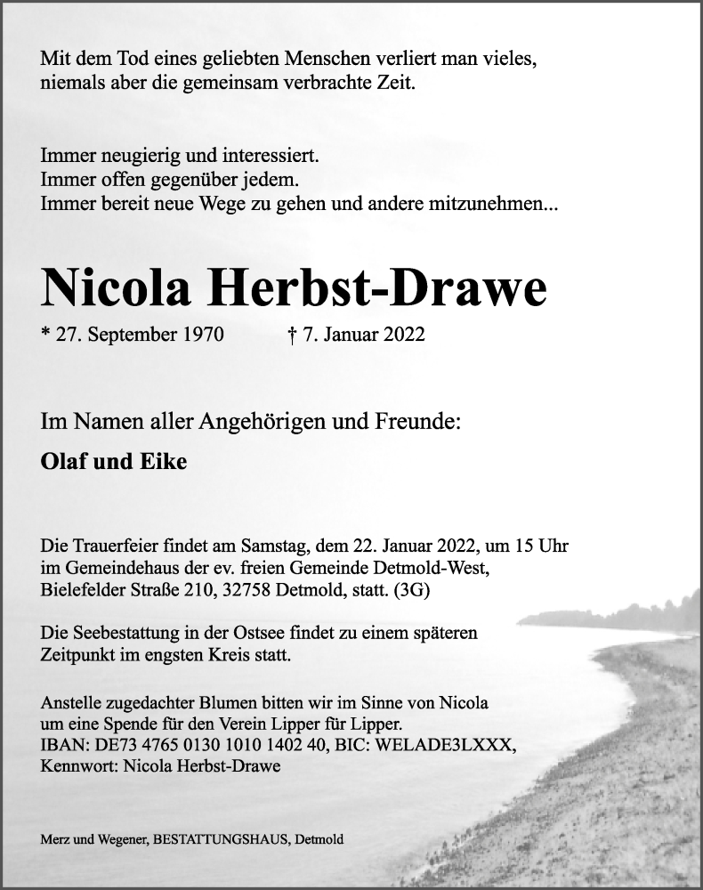  Traueranzeige für Nicola Herbst-Drawe vom 15.01.2022 aus Lippische Landes-Zeitung