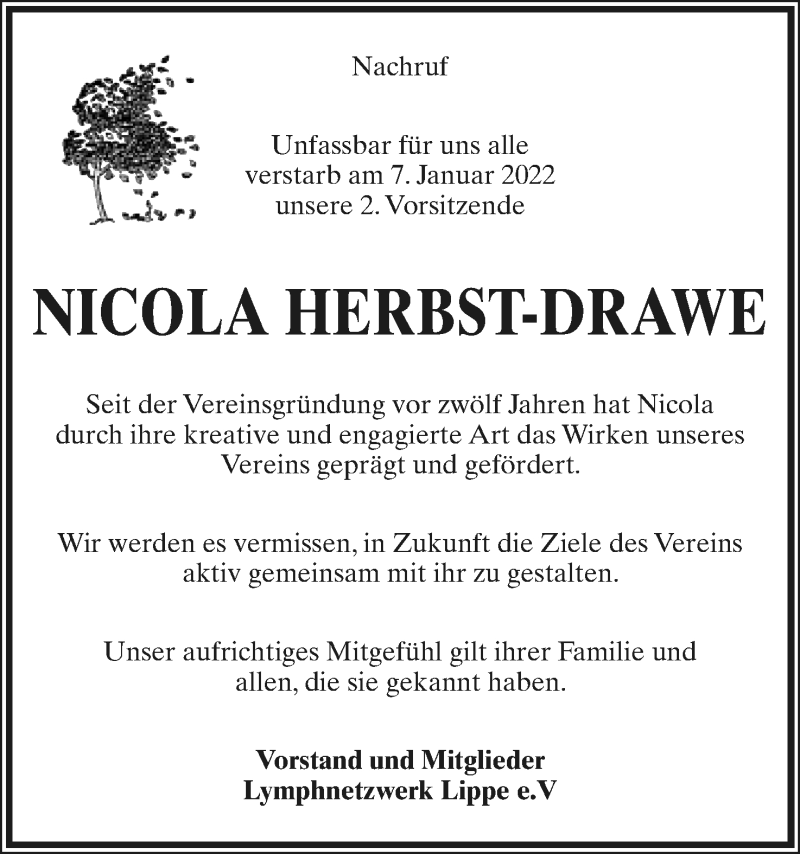  Traueranzeige für Nicola Herbst-Drawe vom 15.01.2022 aus Lippische Landes-Zeitung