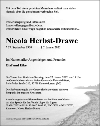 Anzeige  Nicola Herbst-Drawe  Lippische Landes-Zeitung