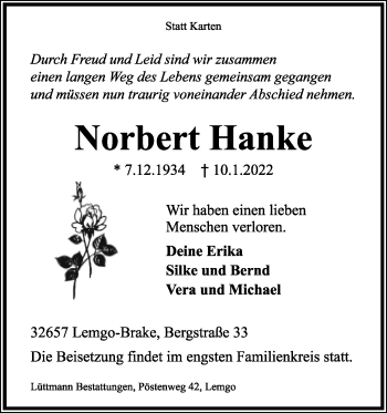 Anzeige  Norbert Hanke  Lippische Landes-Zeitung