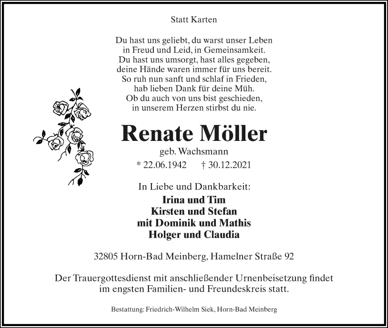  Traueranzeige für Renate Möller vom 08.01.2022 aus Lippische Landes-Zeitung