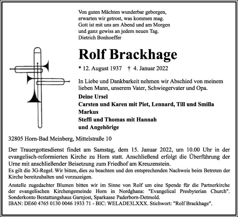  Traueranzeige für Rolf Brackhage vom 08.01.2022 aus Lippische Landes-Zeitung
