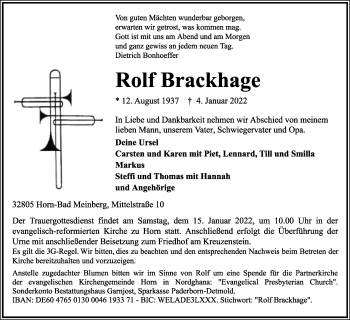 Anzeige  Rolf Brackhage  Lippische Landes-Zeitung