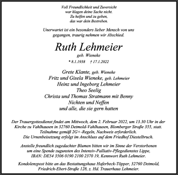 Anzeige  Ruth Lehmeier  Lippische Landes-Zeitung