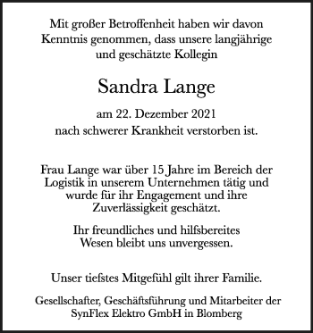 Anzeige  Sandra Lange  Lippische Landes-Zeitung