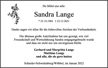 Anzeige  Sandra Lange  Lippische Landes-Zeitung
