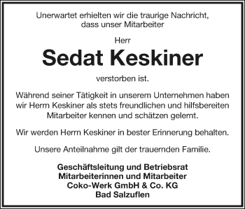 Anzeige  Sedat Keskiner  Lippische Landes-Zeitung