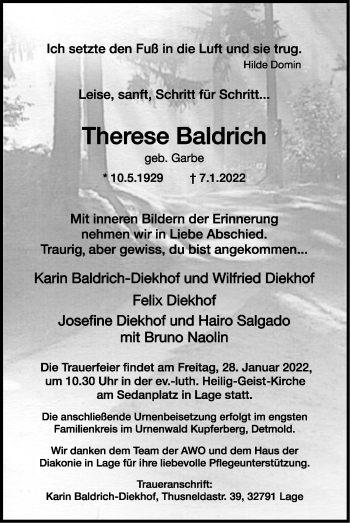 Anzeige  Therese Baldrich  Lippische Landes-Zeitung