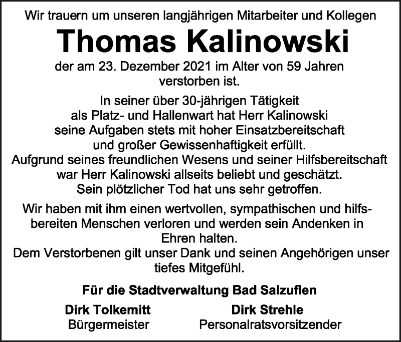  Traueranzeige für Thomas Kalinowski vom 05.01.2022 aus Lippische Landes-Zeitung