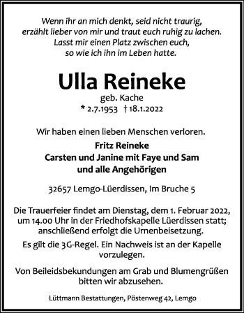 Anzeige  Ulla Reineke  Lippische Landes-Zeitung