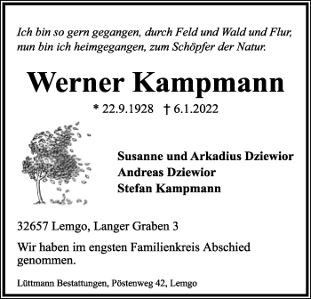 Anzeige  Werner Kampmann  Lippische Landes-Zeitung