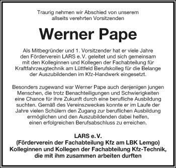 Anzeige  Werner Pape  Lippische Landes-Zeitung