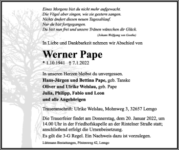 Anzeige  Werner Pape  Lippische Landes-Zeitung