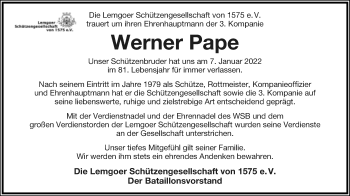 Anzeige  Werner Pape  Lippische Landes-Zeitung