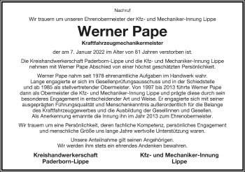 Anzeige  Werner Pape  Lippische Landes-Zeitung