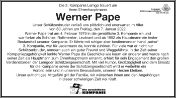 Anzeige  Werner Pape  Lippische Landes-Zeitung