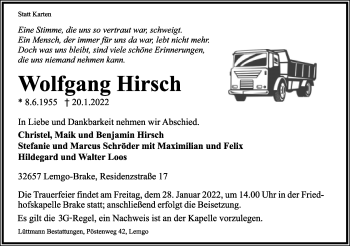 Anzeige  Wolfgang Hirsch  Lippische Landes-Zeitung