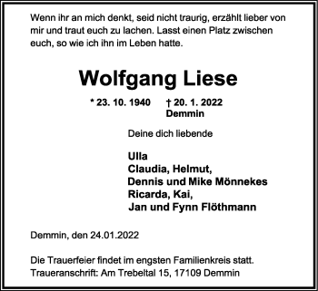 Anzeige  Wolfgang Liese  Lippische Landes-Zeitung