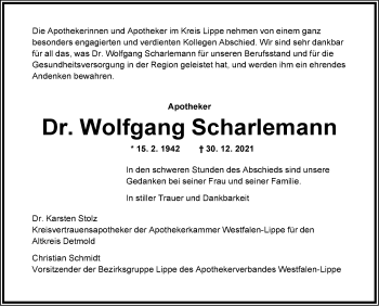 Anzeige  Wolfgang Scharlemann  Lippische Landes-Zeitung
