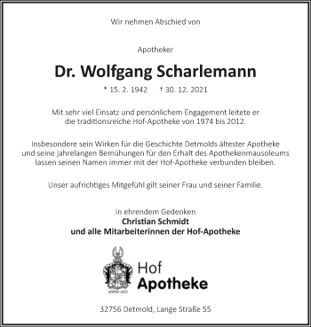 Anzeige  Wolfgang Scharlemann  Lippische Landes-Zeitung