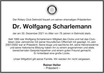 Anzeige  Wolfgang Scharlemann  Lippische Landes-Zeitung