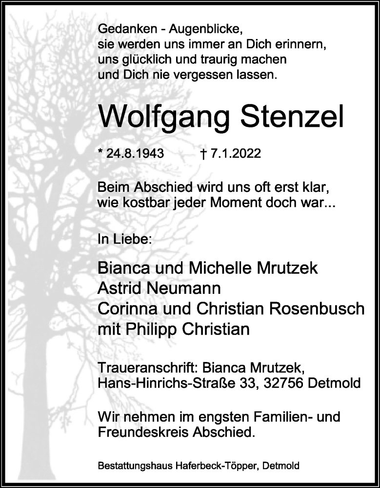  Traueranzeige für Wolfgang Stenzel vom 22.01.2022 aus Lippische Landes-Zeitung